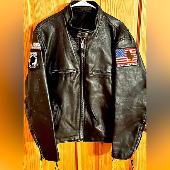 Source Unknown Other - Men’s Black Leather Heavy Bomber Motorcycle Jacket Patches Zippers 🚫sold🚫